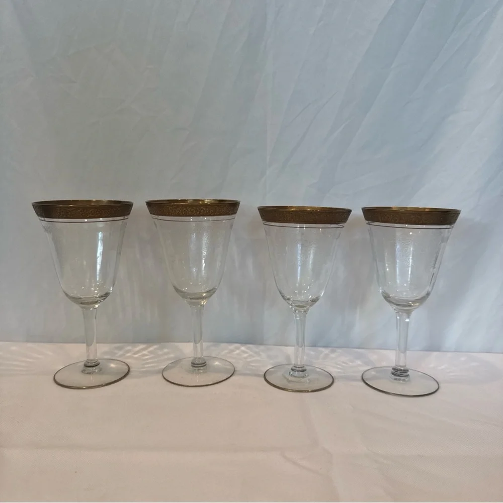 Antique 1920s Art Deco Etched Crystal Stemmed Glasses with Gold Rims